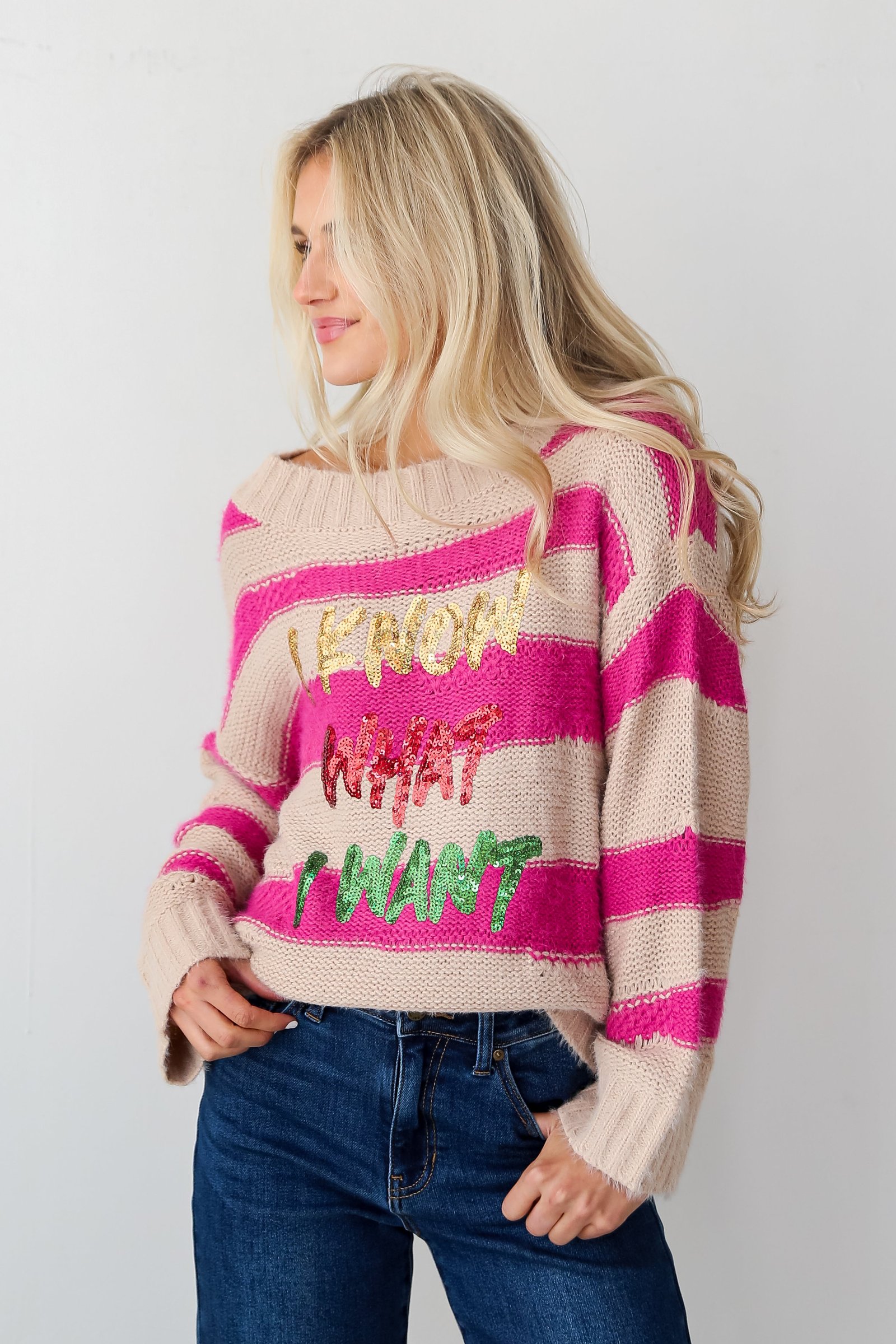 I Know What I Want Pink Striped Sequin Oversized Sweater